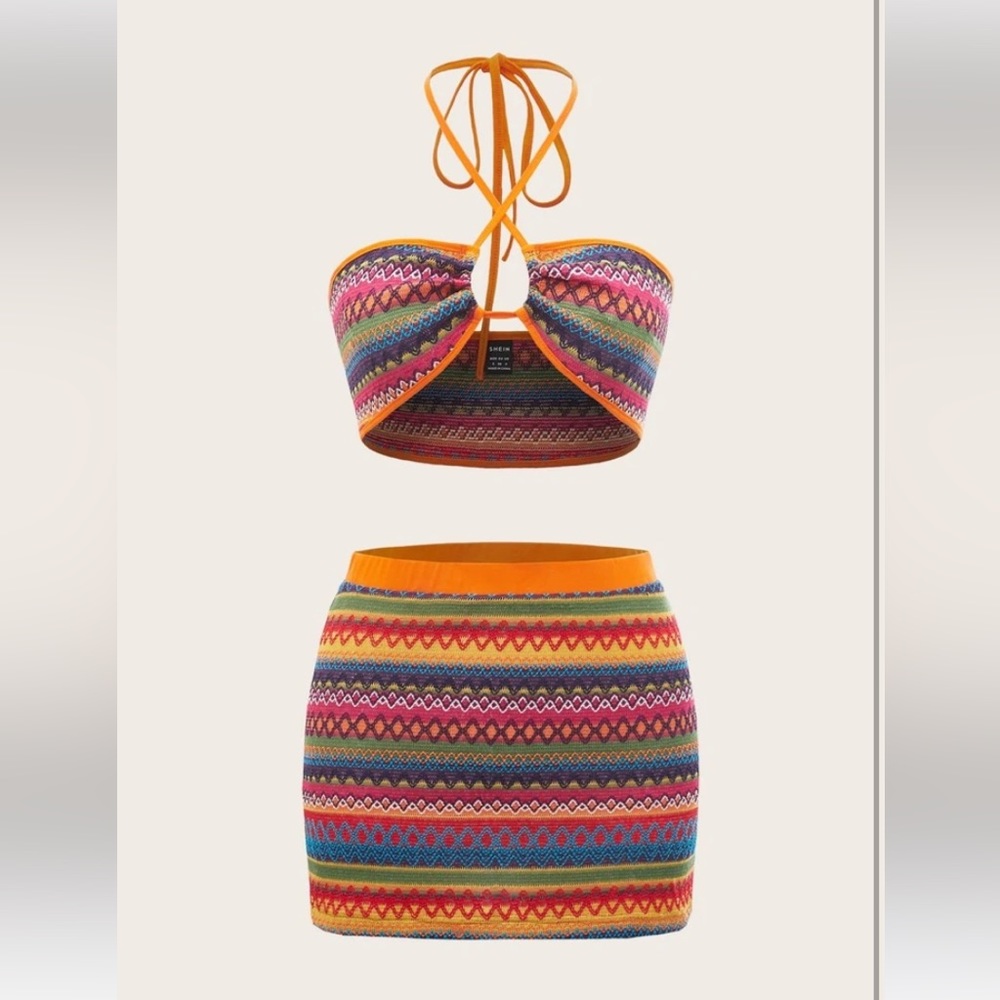 SHEIN Knit Multi Color 2 Piece Top & Skirt Set Medium